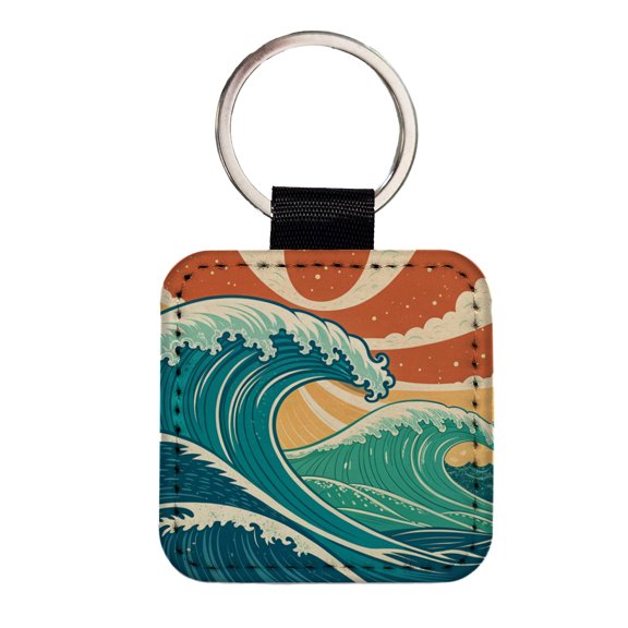 Retro Ocean Waves Colorful Drawing Faux Leather Square Keychain