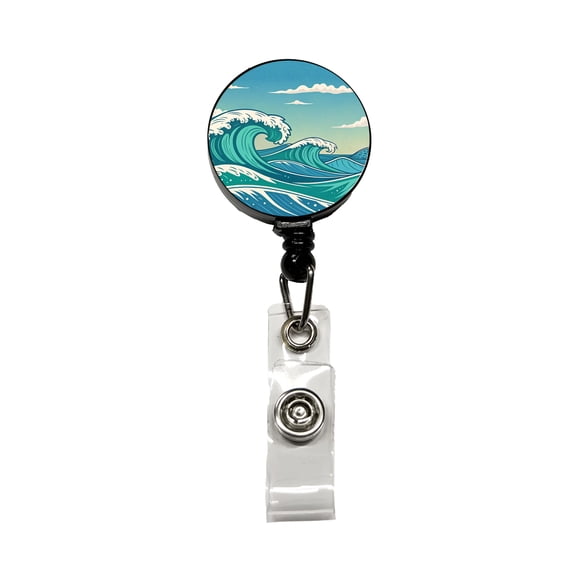 Retro Ocean Waves High Surf Retractable Reel ID Badge Key Card Name Tag Holder with Clip