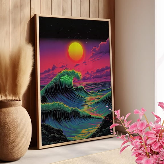 Retro Ocean Waves Sunset Wall Art Synthwave Decor, Unframed Canvas Size 24x36