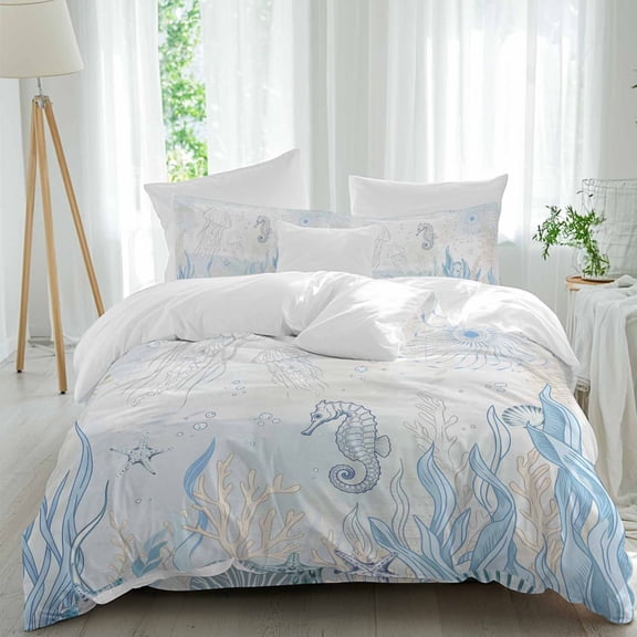 Retro Oceans Full Size Comforter Set, Watercolor Blue Beige Jellyfish Seahorses Seaweed Bedding for All Seasons, 4 Pcs Bed Set, 1Quiltcover (86"x86") ,1Sheet(80"x116"), 2Pillowcases (30"x20")