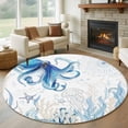 thumbnail image 1 of Retro Oceans Round Living Room Rugs 6 ft, Watercolor Light Blue Octopus Starfish Seaweed Washable Area Rug with Non-Slip Sturdy Edge Binding Round Carpet for Kitchen Office Bedroom, 1 of 9