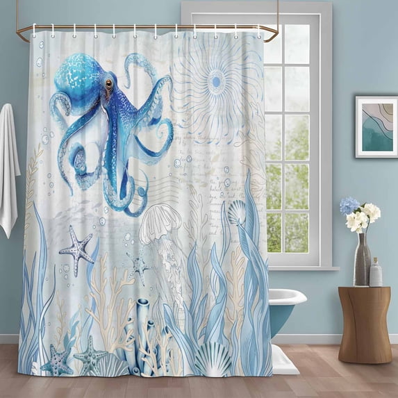 Retro Oceans Shower Curtains for Bathroom, Watercolor Beige Blue Octopus Starfish Seaweed Washable Fabric Shower Curtain with Hooks Waterproof Bathroom Decor Sets, 66 x 72 Inches