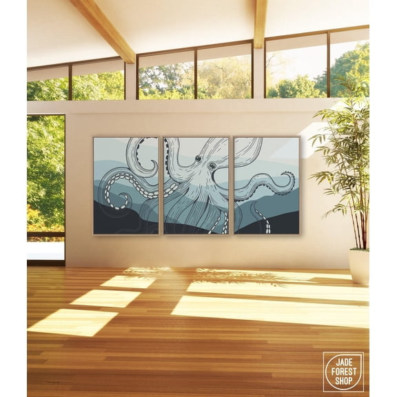 Retro Octopus Triptych Framed Beach Canvas Set Unique Ocean Gift Idea Set 3
