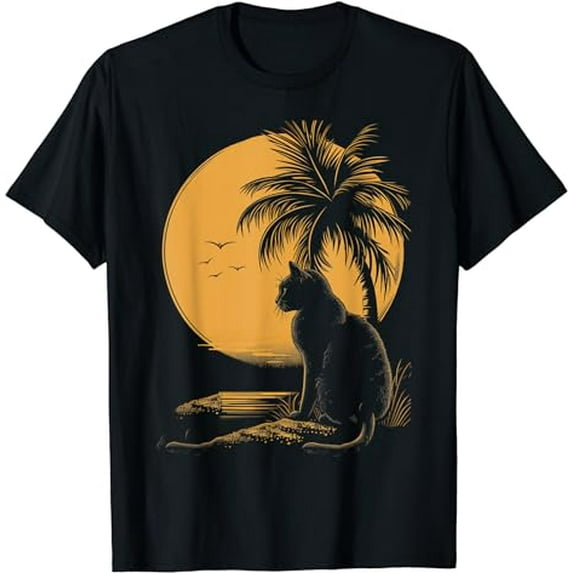 Retro Of Black Cat And Palm Tree Funny Graphic Tees T-Shirt
