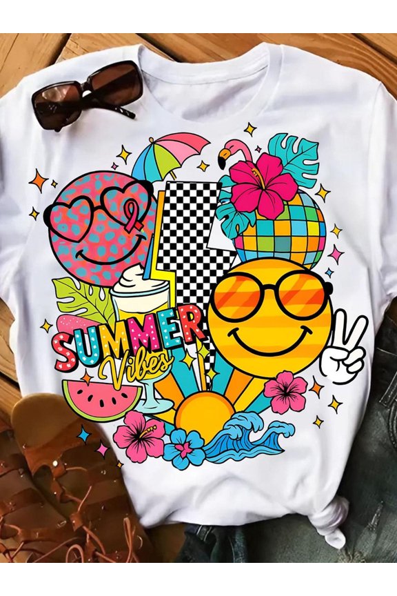 Retro Oh Summer Smiling Face Tropical Palm Tree Unisex T-Shirt, S - 5XL