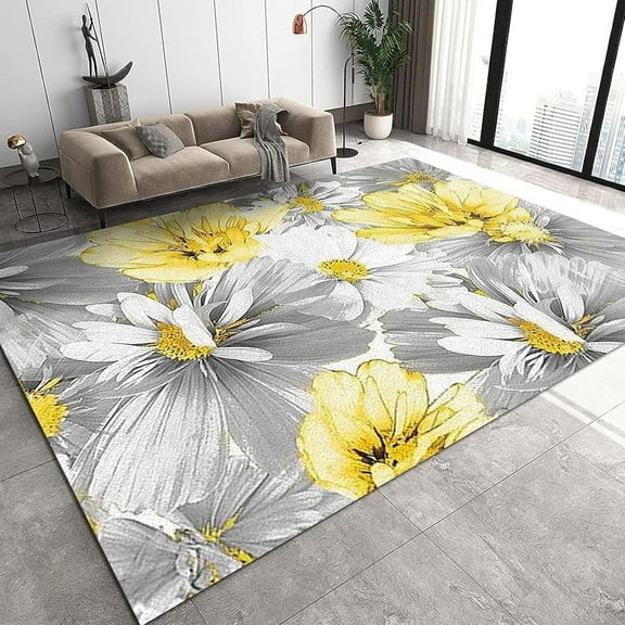 Retro Oil Painting Area Rug, Abstract Gray And Yellow Flowers Indoor Washable Rugs, Non-Slip Low Pile Thin Foldable Sofa Carpet For Living Room Bedroom Entryway Hallway Garden 1x2ft