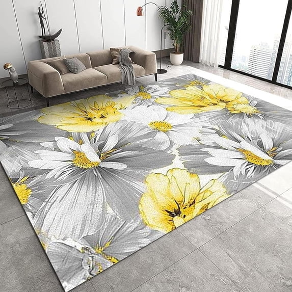 Retro Oil Painting Area Rug, Abstract Gray And Yellow Flowers Indoor Washable Rugs, Non-Slip Low Pile Thin Foldable Sofa Carpet For Living Room Bedroom Entryway Hallway Garden 4x6ft
