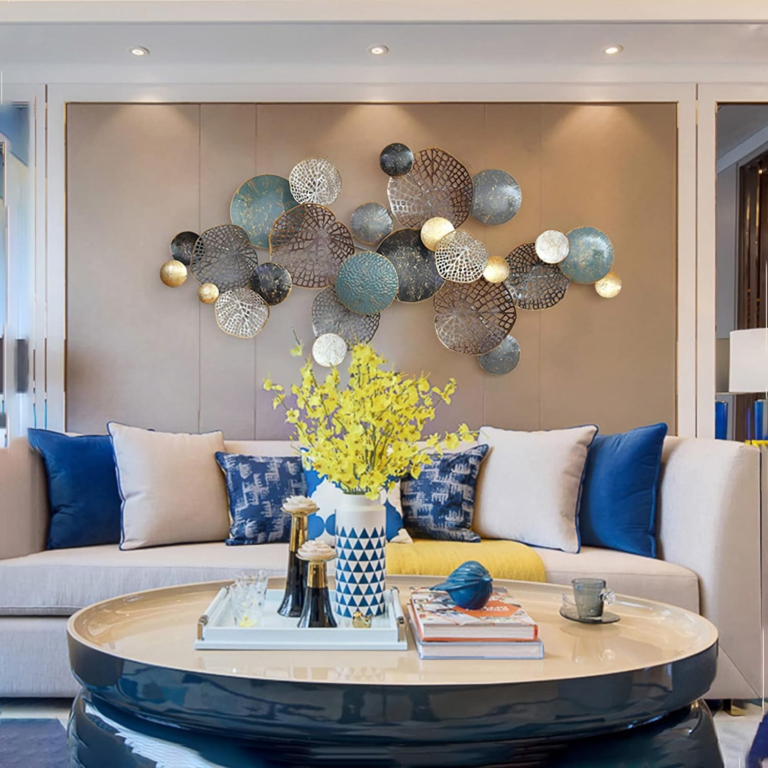 Retro Blue and Gold 3D Metal Lotus Leaf Wall Sculpture