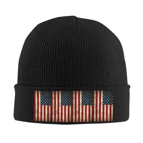 Retro Old America Flag Winter Beanie Hats for Men Women Warm Cozy Knitted Cuffed Skull Cap Black