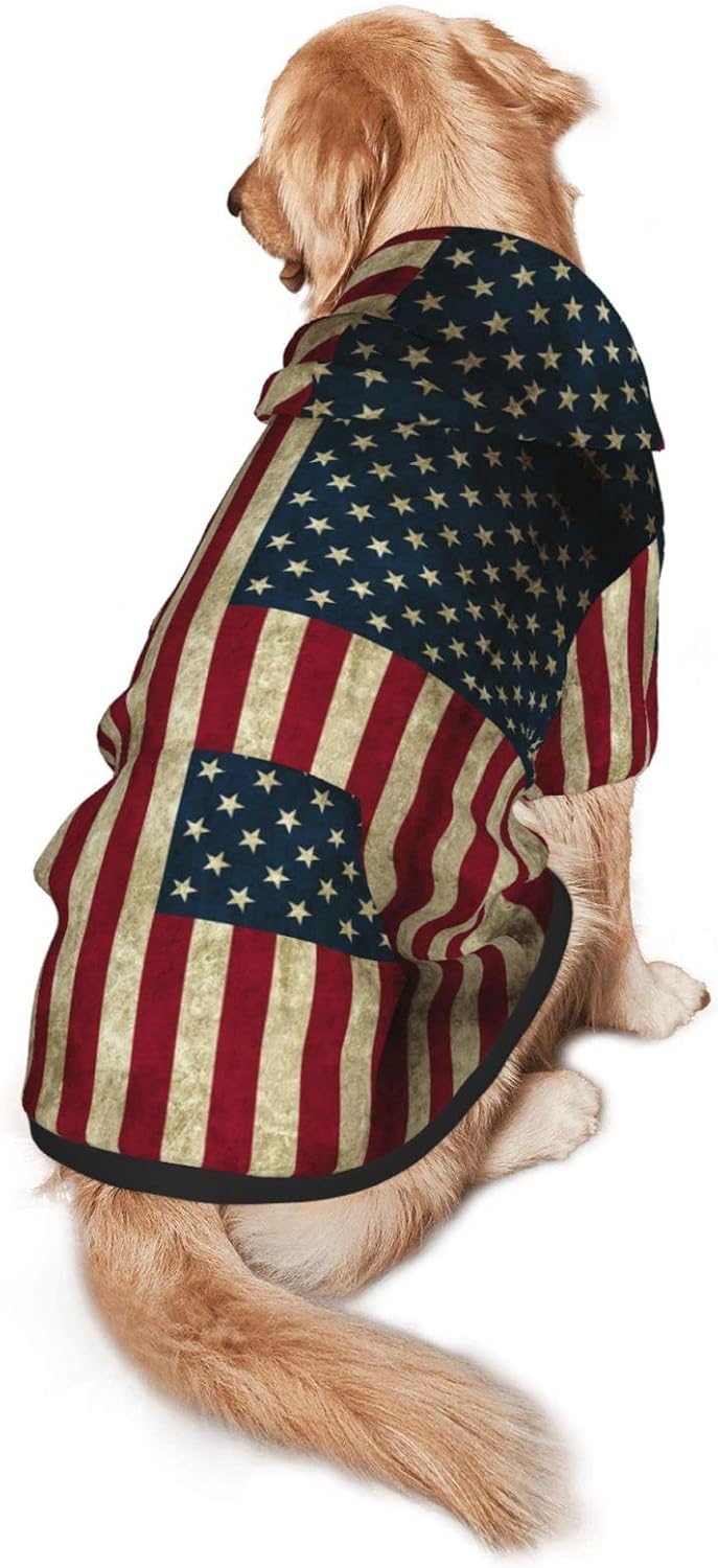 Retro Old American Flag Dog Hoodie Sweater with Leash Hole and Pocket
