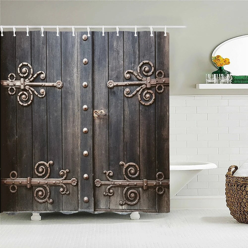 Retro Old Door Brick Wall Scenery Bath Curtain Waterproof Fabric Shower ...