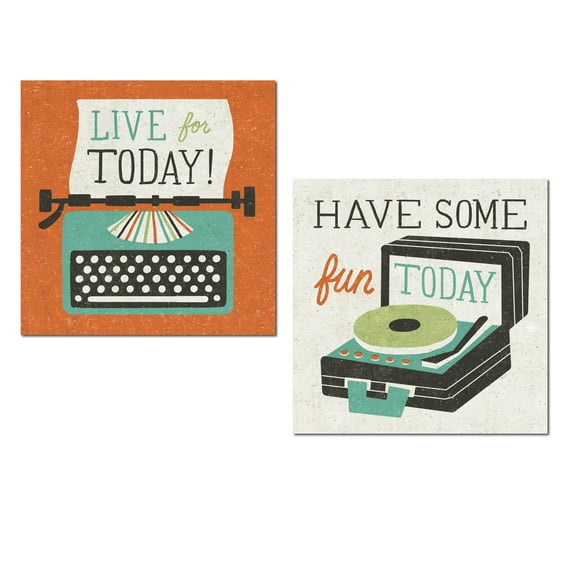 Retro, Old-Fashioned Typewriter and Record Player Inspirational "Live For Today" and "Have Some Fun Today" Set by Michael Mullan; Two 12x12in Unframed Paper Posters