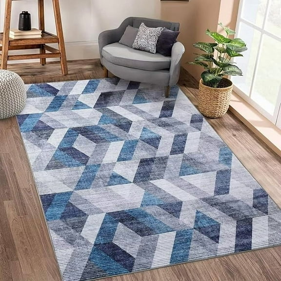 Retro Old Gray Blue Area Rugs, Simple Geometric Traditional Navy Blue Indoor Rugs, Soft Machine Washable Durable Carpet For Kids Bedroom Living Room Dining Room Entryway 5 x 7ft