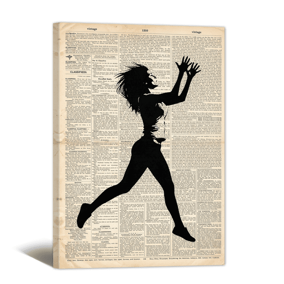 Retro Old Newspaper Canvas Wall Art, Energetic Lady Jumping Prints Vintage Black Classic Artwork Paintings for Living Room Bedroom Home Office Decor