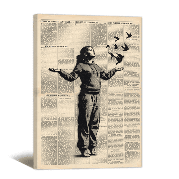 Retro Old Newspaper Canvas Wall Art, Woman Open Arms with Birds Prints Vintage Black Classic Artwork Paintings for Living Room Bedroom Home Office Decor