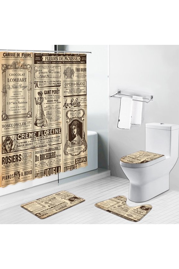 Retro Old Newspaper Shower Curtains Set French Paris Oil Painting Women Bathroom Decor Flannel Non-Slip Toilet Cover Bath Carpet
