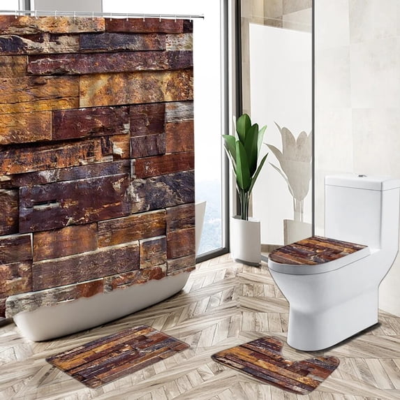 Retro Old Stone Brick Wall Bathroom Set Bathtub Waterproof Shower Window Non-Slip Rug Toilet Cover Bath Mat Home Decoration