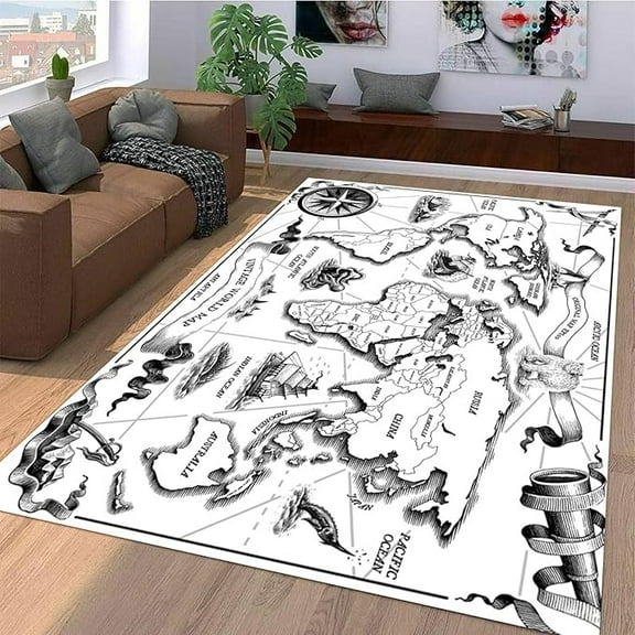 Retro Old World Map Area Rug, Black And White Style Decorative Rugs, Comfortable Soft And Breathable With Non-Slip Backing Carpet For Living Room Bedroom Study Dining Room 2 x 3ft