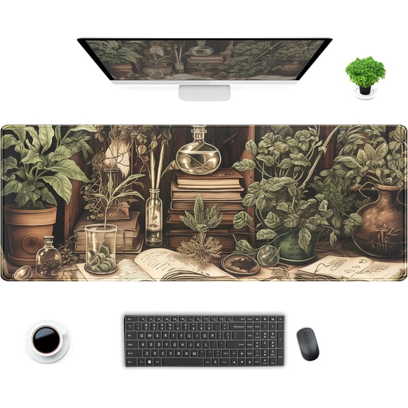 Retro Olive Green Plant XL Large Extended Gaming Mouse Pad Cool Plants Lovers Desk Mat with Stitched Edges, Non-Slip Rubber Base Mousepad, Laptop Computer Keyboard and Mouse Mat 31.5x11.8 in
