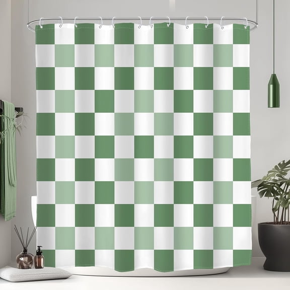 Retro Ombre Green Checkered Shower Curtain Minimalist Checkboard Grid Classical Groovy Geometric Simple Bathroom Modern 72Wx72L Inches Bath Accessories Art Home Decor Fabric 12 Pack Hook