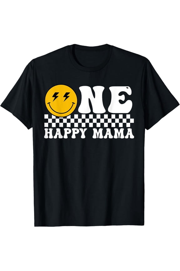 Retro One Happy Mama T-Shirt Vintage Smiley Face Lightning Bolt Checkered Graphic Tee for Women Casual Mother's Day Gift Top