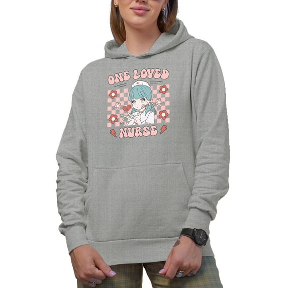 Retro One Loved Nurse with Groovy Text & Anime Art, Valentine's Day Gift, Heather Grey Hooded Sweatshirt or Hoodie, Small