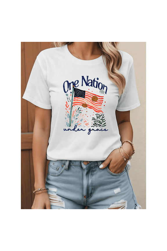 Retro "One Nation"Graphic Tee Women Soft Cotton T-Shirt Classic Comfort Fit Casual Top White S-5XL