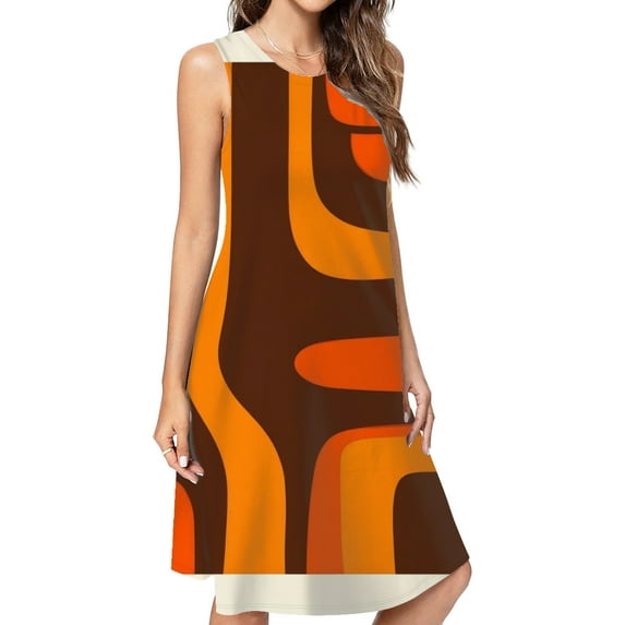 Retro Orange Brown Abstract Art Casual Sleeveless Loose Sundress Dress For Women Summer Dress Daily Woman