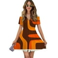 thumbnail image 1 of Retro Orange Brown Abstract Art Women Dress V-Neck Short Sleeve Flowy Swing Party Midi Dress, 1 of 4