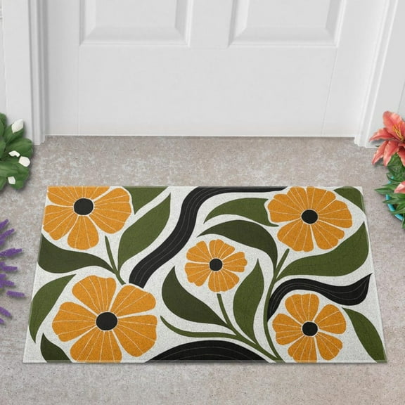 Retro Orange Floral Doormat Bold Modern Flower Entryway Rug Indoor Outdoor Welcome Mat for Home or Porch, Vintage Mat