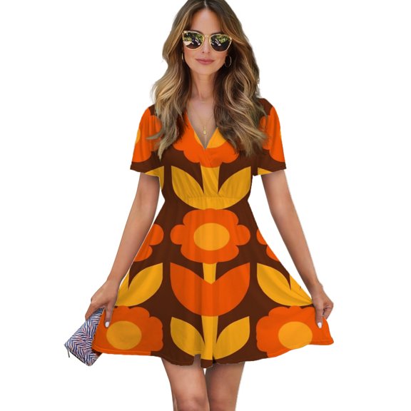 Retro Orange Flower Pattern Design Women Dress V-Neck Short Sleeve Flowy Swing Party Midi Dress
