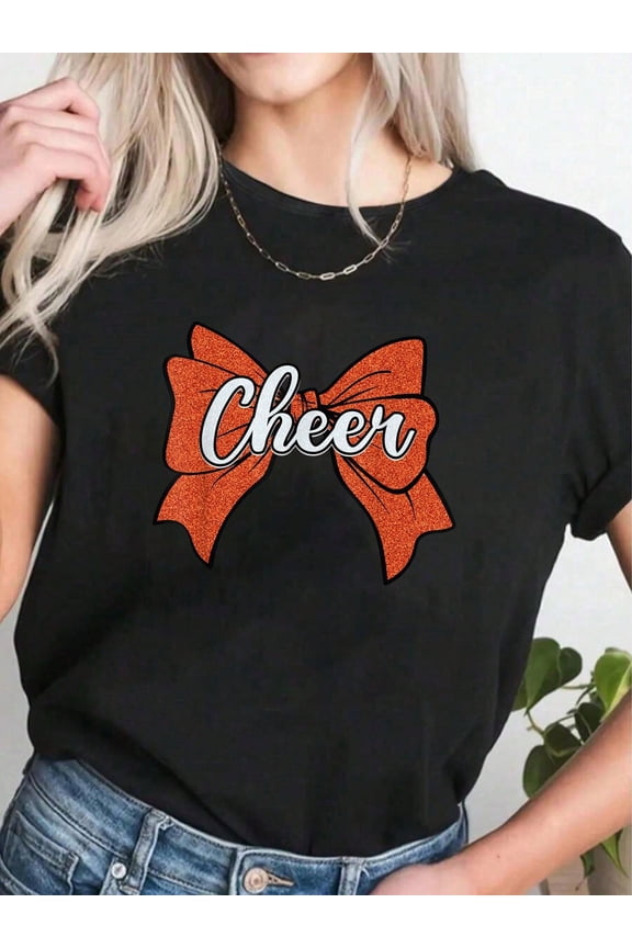 Retro Orange Glitter Bow Cheer Graphic T-Shirt for Women, Sparkly Cheerleader Inspired Casual Short Sleeve Top, Cute Spirit Wear Apparel