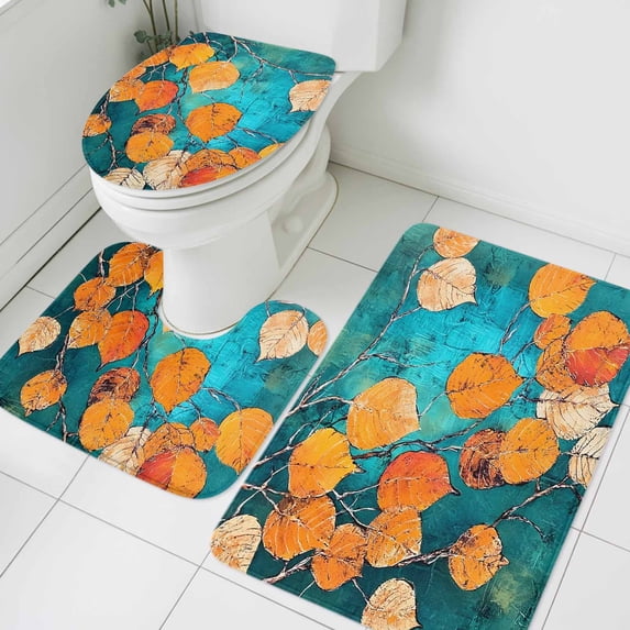 Retro Orange Leaf Bathroom Rugs Set Abstract Oil Painting Branch Turquoise Farmhouse Non Slip Absorbent Soft Bath Mats 3 Piece Set with Bathroom Rug, U-Shaped Floor Mat, Toilet Seat Cover Small Size
