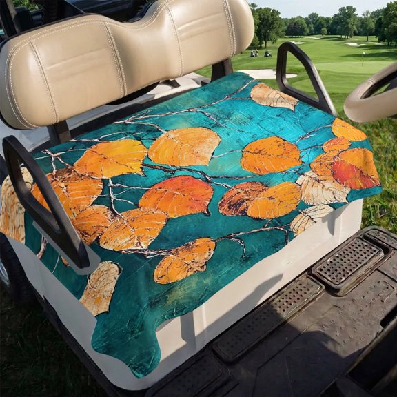 Retro Orange Leaf Golf Cart Seat Covers, Abstract Oil Painting Branch Turquoise Farmhouse Golf Cart Seat Towel Blanket Soft Microfiber 2 Passenger Club Car Bench Protector 51 x 31 in
