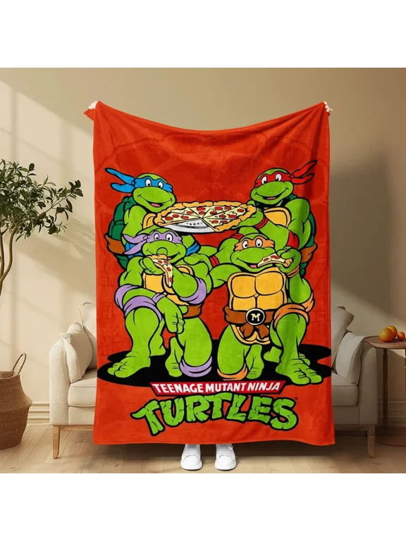 Retro Orange Ninja Turtles Fleece Blanket, Classic TMNT Four Turtles Eating Pizza Nostalgic 90s Cartoon Art Design, Soft Cozy Plush Blanket for TMNT Fans Home Sofa Bed Camping Gift