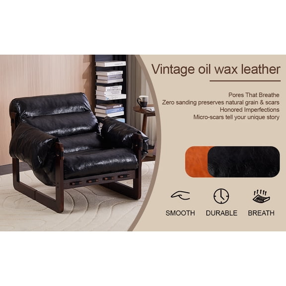 Retro Orange Oil Waxed Leather Lounge Chair | Medieval Modern Style | Removable Armrests | Rubberwood Frame | 27.56"W x 33.46"D | Living Room, Study, Office