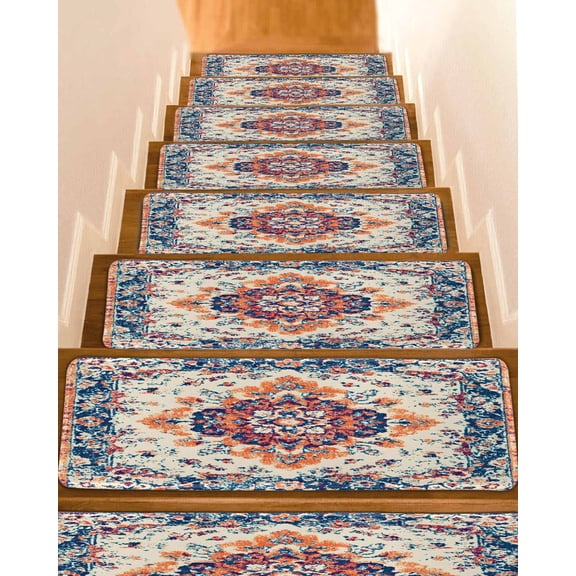Retro Orange Pattern Non-Slip Stair Treads for Wooden Steps Ethnic Orange Floral Texture Indoor Carpet Stair Runners 7PCS 8x30 in with Adhesive for Pets and Seniors