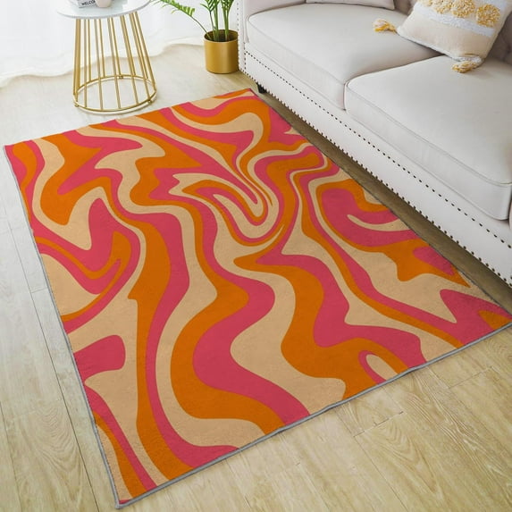 Retro Orange And Pink Funky Swirl Home Decor Non-Slip Rugs Machine Washable Doormat Carpet Mat For Living Room Bedroom Kitchen Kindergarten Room Classroom 1x2ft
