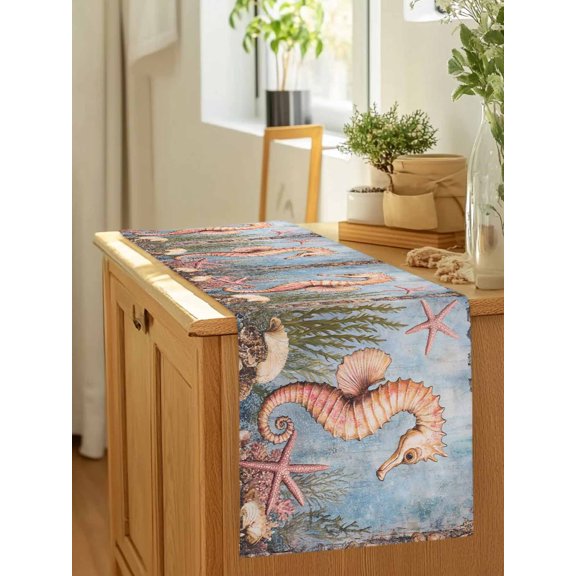Retro Orange Seahorse Seabed Coral Starfish Table Runner 36 Inches Long,Kitchen Dining Tablerunners Underwater World Linen Table Runners Dresser Scarves for Home Dinner Wedding Holiday Party Decor