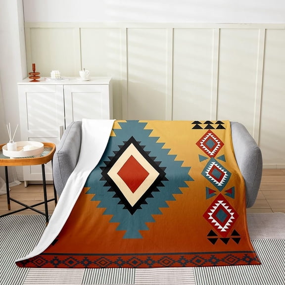 Retro Orange Teal Red Geometric Diamond Throw Blanket Soft Plush Fleece for Home Decor