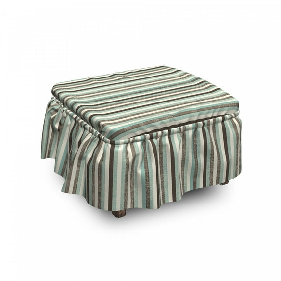 Retro Ottoman Cover, Striped Classical Old, 2 Piece Slipcover Set with Ruffle Skirt for Square Round Cube Footstool Decorative Home Accent, Standard Size, Brown Almond Green Cream, by Ambesonne