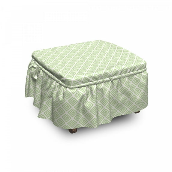 Retro Ottoman Cover, Swirls Squares Ornate, 2 Piece Slipcover Set with Ruffle Skirt for Square Round Cube Footstool Decorative Home Accent, Standard Size, Lime Green White, by Ambesonne