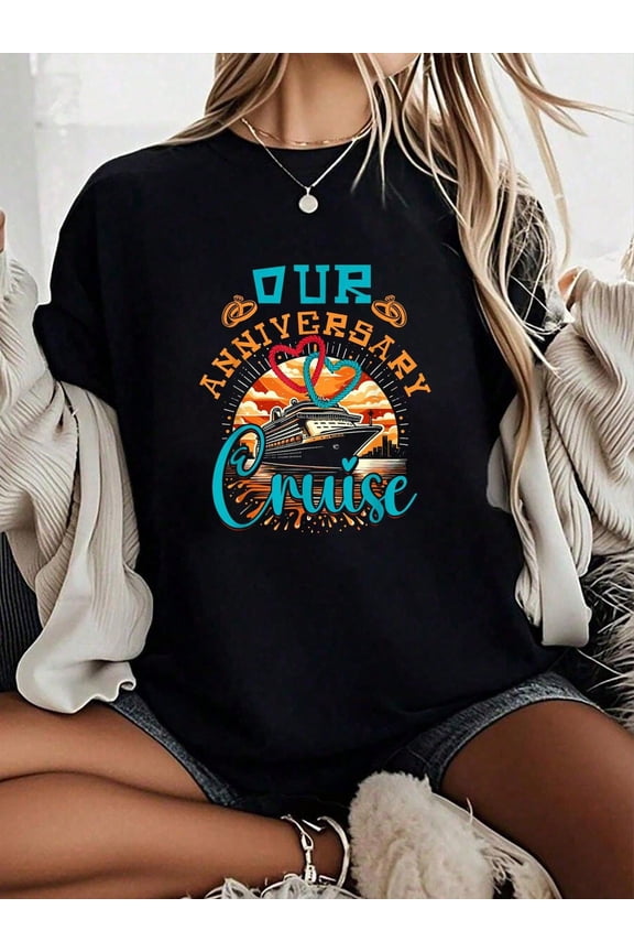 Retro Our Anniversary Cruise Vacation Graphic T-Shirt Cute Romantic Nautical Travel Tee Matching Couple Anniversary Gift Idea