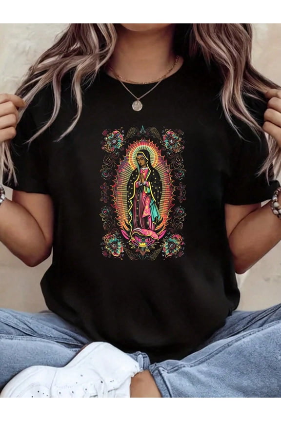 Retro Our Lady of Guadalupe Graphic T-Shirt - Vintage Style Virgin Mary Religious Floral Tee - Blessed Spiritual Catholic Faith Apparel