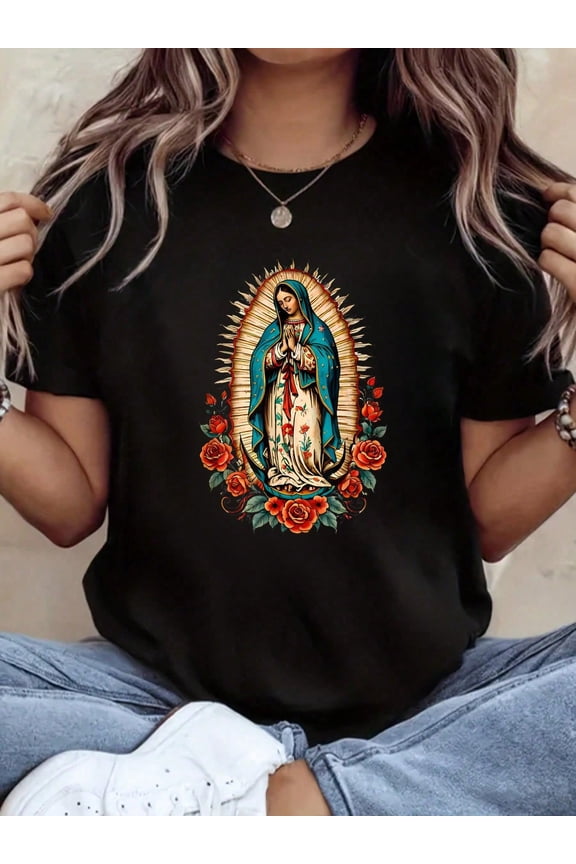 Retro Our Lady of Guadalupe Graphic T-Shirt Vintage Virgin Mary Floral Roses Catholic Religious Spiritual Women's Short Sleeve Tee Black
