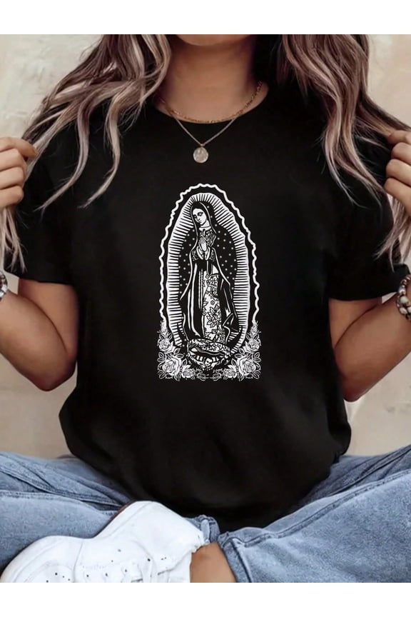 Retro Our Lady of Guadalupe Virgin Mary Graphic T-Shirt Women's Vintage Religious Faith Floral Roses Short Sleeve Tee