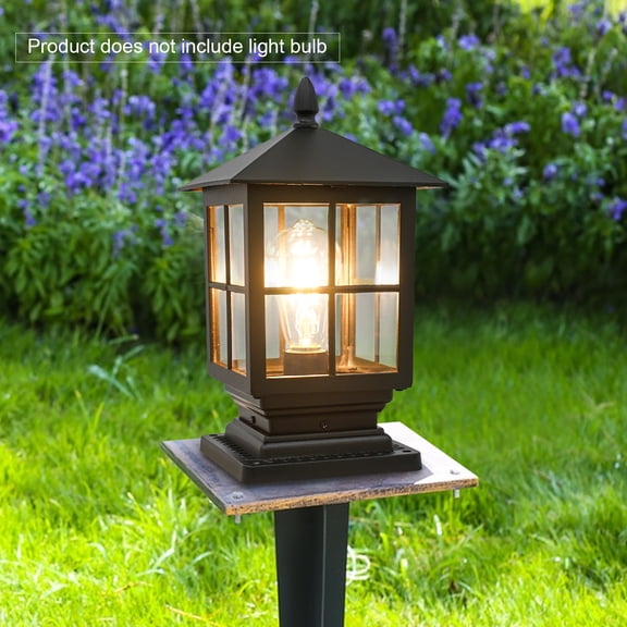Retro Outdoor Post Light, Waterproof Aluminum Lantern with Clear Glass Shade, E27 Bulb Compatible for Patios, Gardens, and Pathways  Black, 4364 Sq Ft Coverage