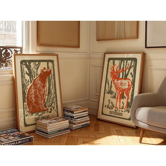 Retro Outdoors Art Bear Deer Outdoorsy Wall Decor Home Office Nature Hunting Set 2