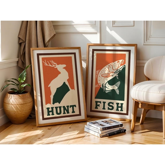 Retro Outdoors Art Hunt Fish Outdoorsy Wall Decor Home Office Nature Hunting Set 2