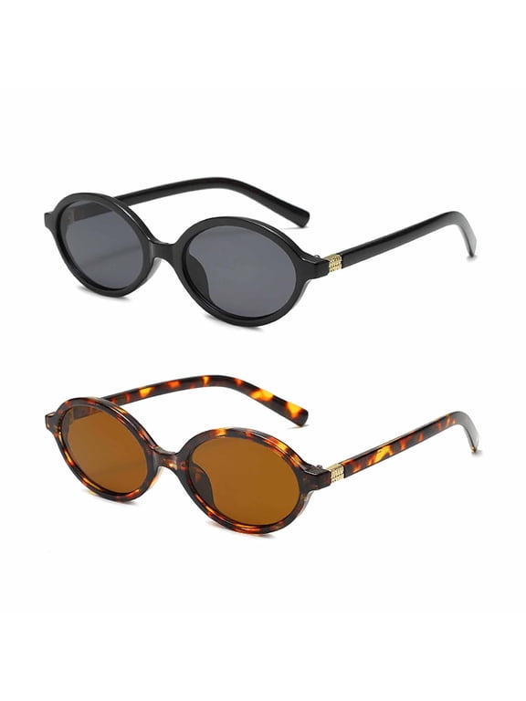 Retro Oval Cat Eye Sunglasses for Women Trendy Y2K Narrow Lightweight Shades 2Pcs